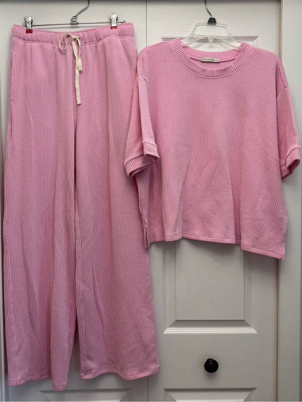 Women Zenana Pink Waffle-Knit Two-Piece Set Cozy Lounge Top & Pants Latge